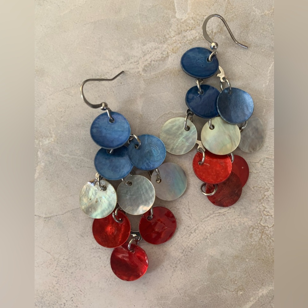 Vintage Red, Blue, and White Shell Dangle Earrings